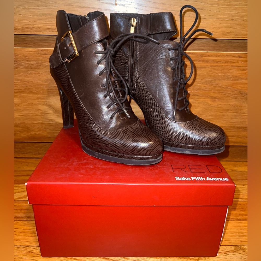 Saks Fifth Ave (RED) booties in dark brown